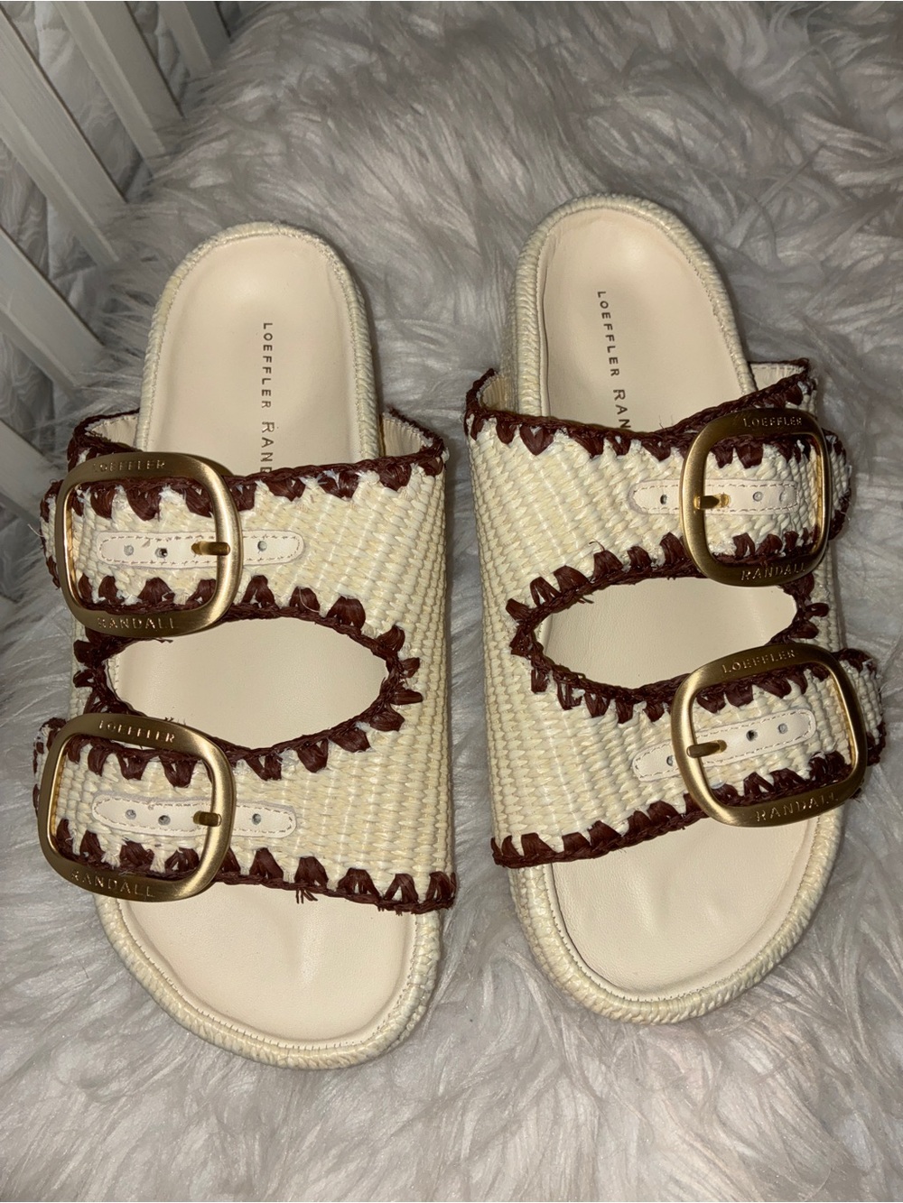NEW LOEFFLER RANDALL Natural and Dark Brown Straw Theo Two Band Sandal Sz 7 - Picture 7 of 9
